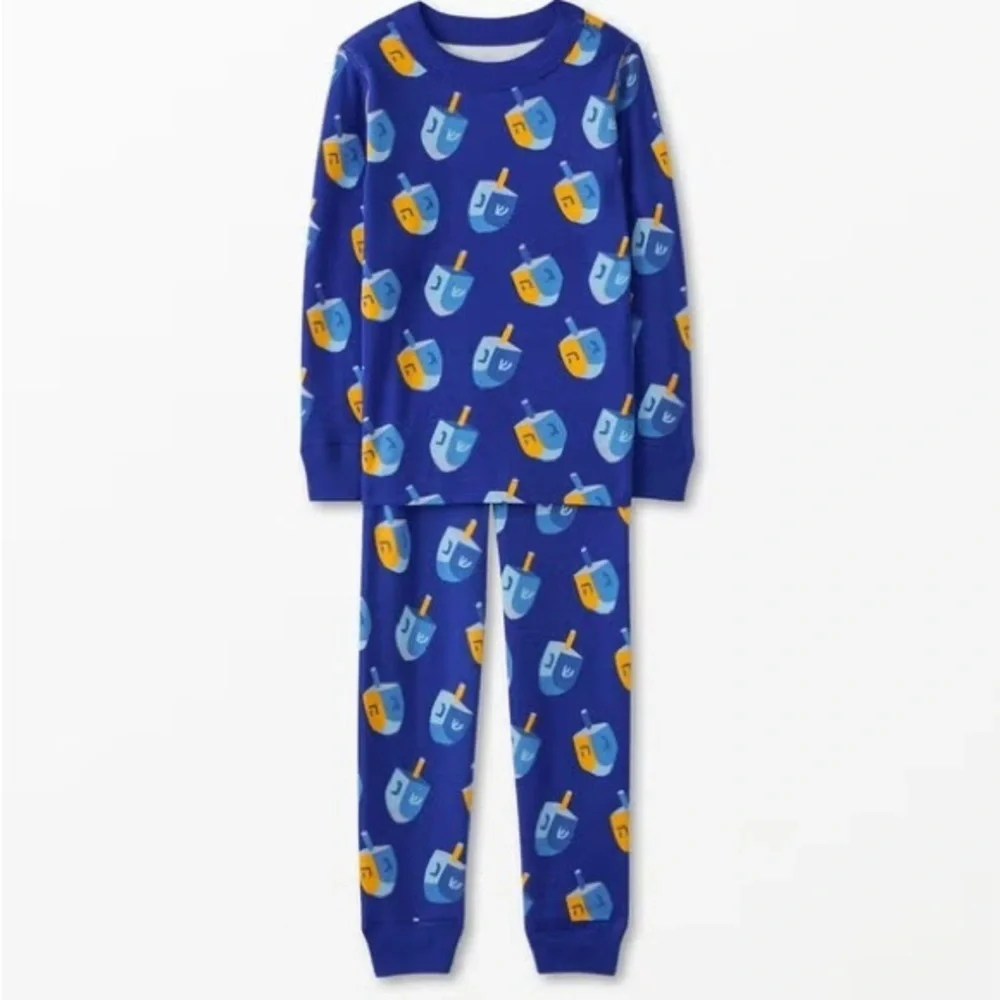 Hanna Andersson Blue Long John Cotton Pajamas Hanukkah Dreidel Print 3T/90